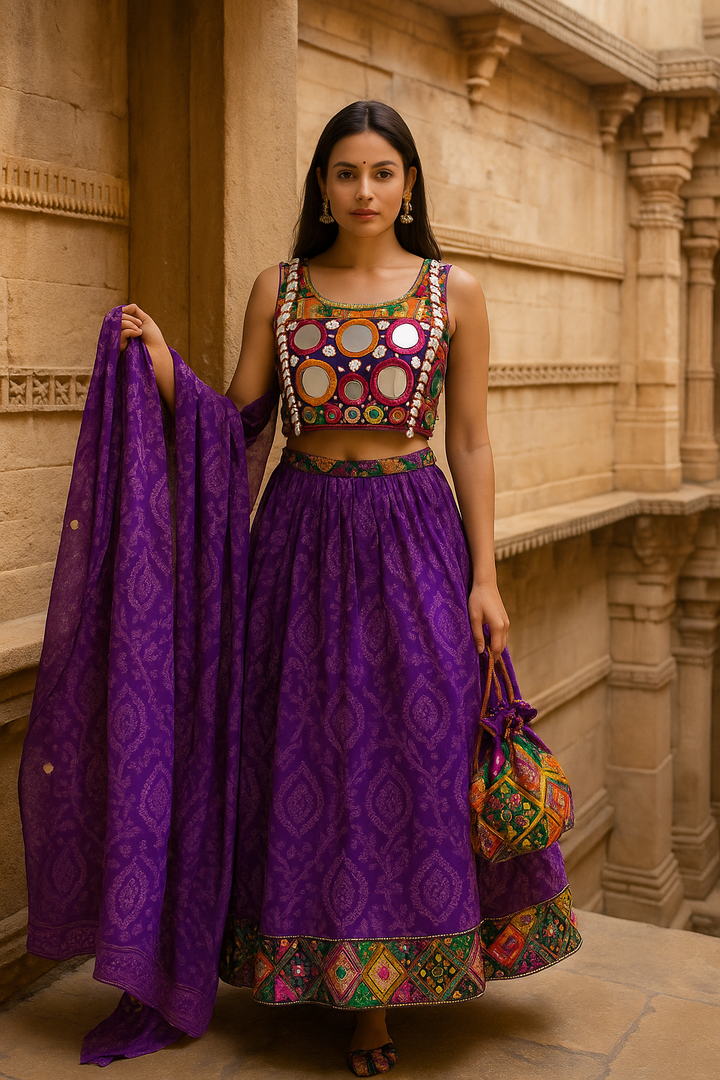 Purple bandhani lehenga +potli bag - banjaratrail