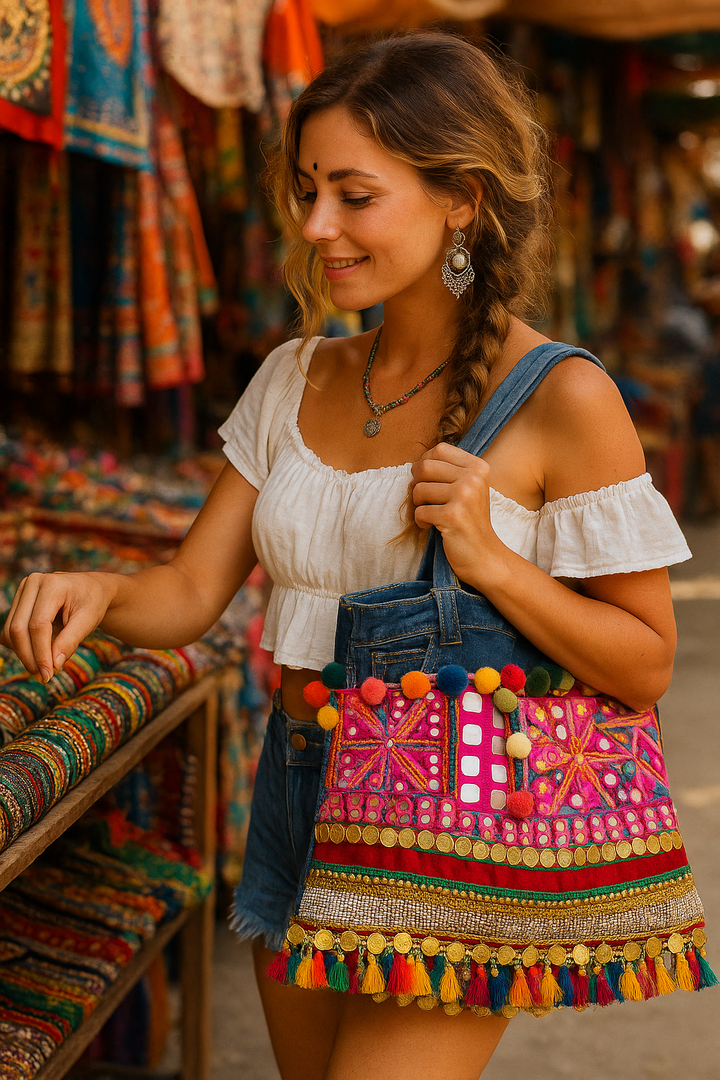 Pom pom denim tote bag - banjaratrail