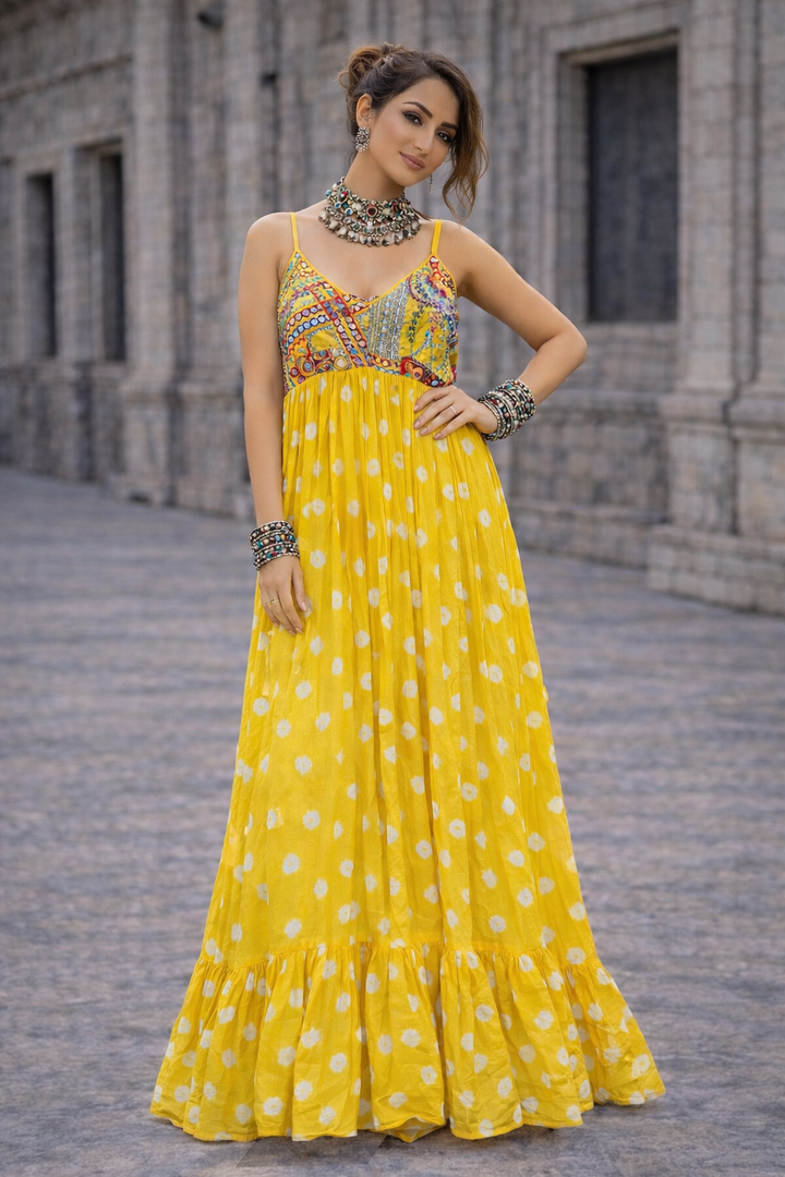 Sunset Glow Bandhini Maxi Dress Yellow