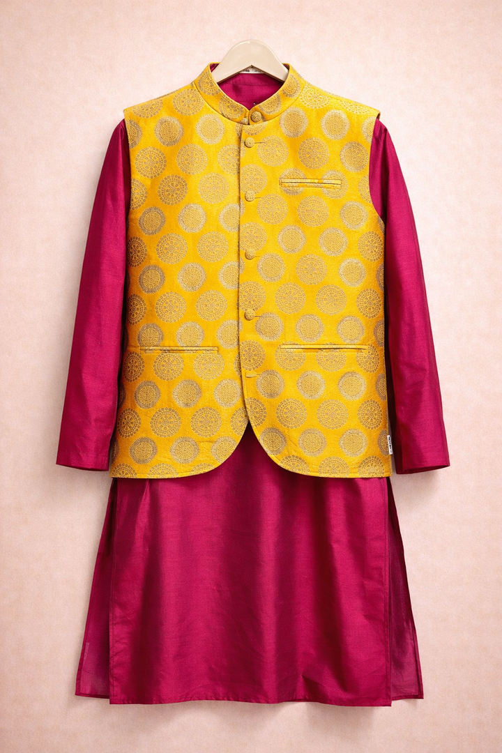 Brocade Nehru Jacket With Pink Kurta Set For Men