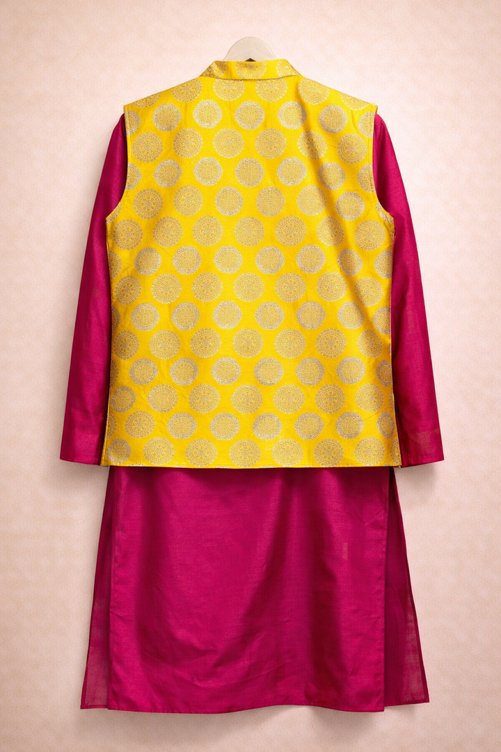 Brocade Nehru Jacket With Pink Kurta Set For Men