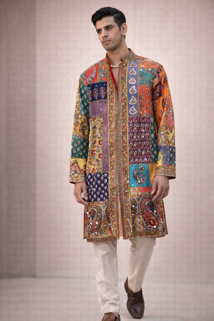 Men'S Royal Patchwork Kurta  Multicolour Heritage