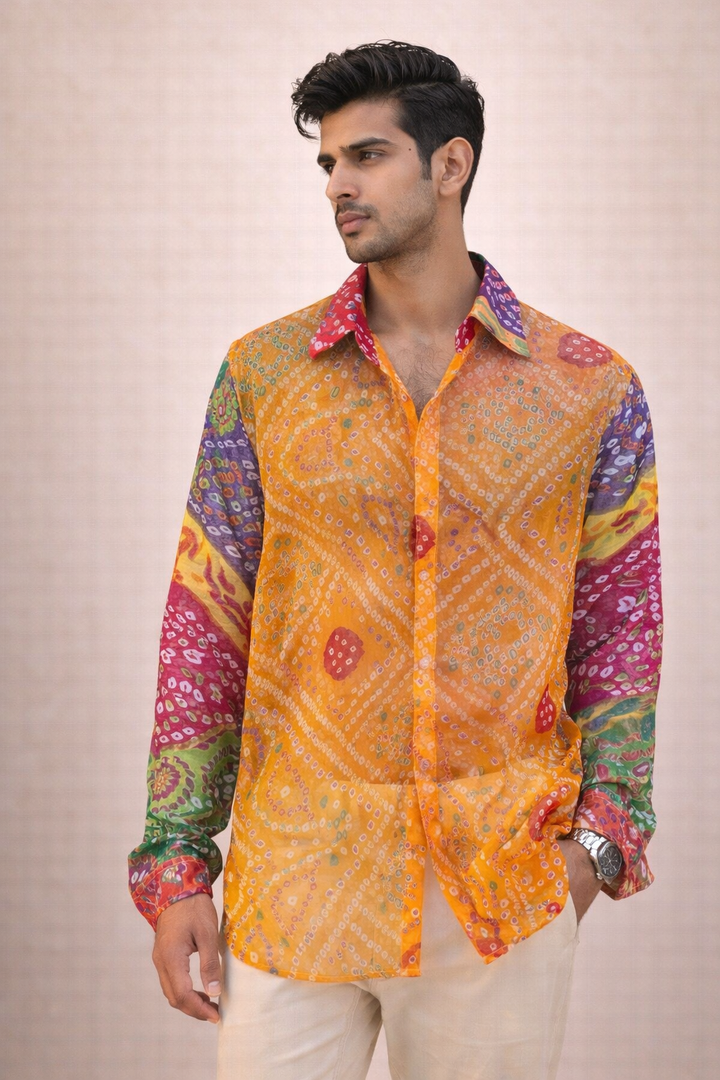 Men'S Bandhini Shirt Georgette - Yellow