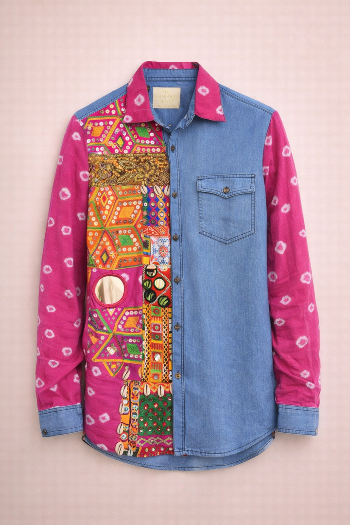 Men'S Pink Half And Half Embellished Denim Shirt
