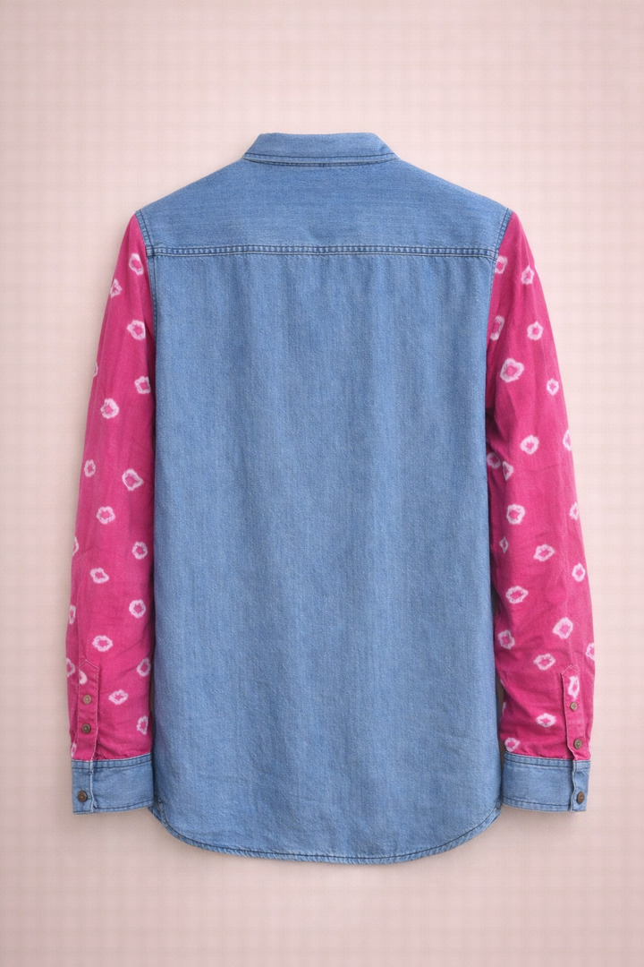 Men'S Pink Half And Half Embellished Denim Shirt
