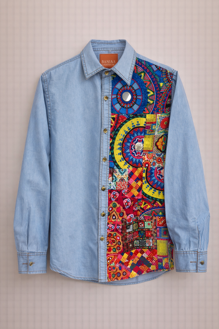 Men'S Printed Patchwork Denim Shirt