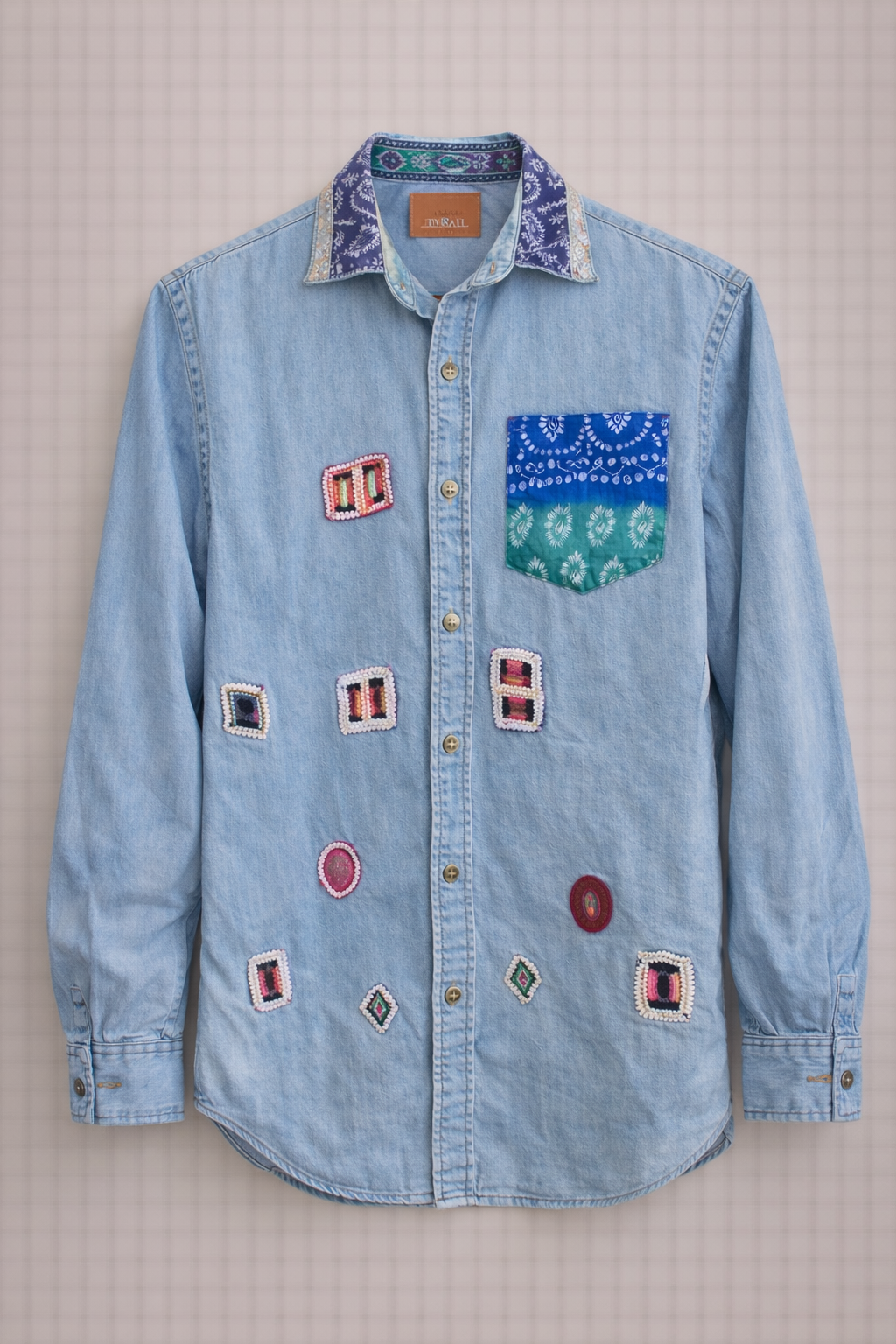 Men'S Denim Patchwork Embellished Shirt