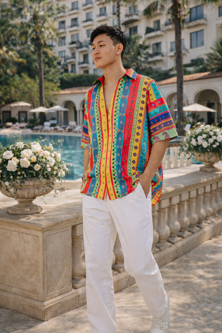Men Vibrant Striped Boho Kaftan Shirt  Festival & Resort Wear