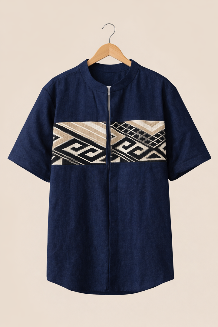 Handcrafted Indigo Jacquard Patchwork Shirt Jacket