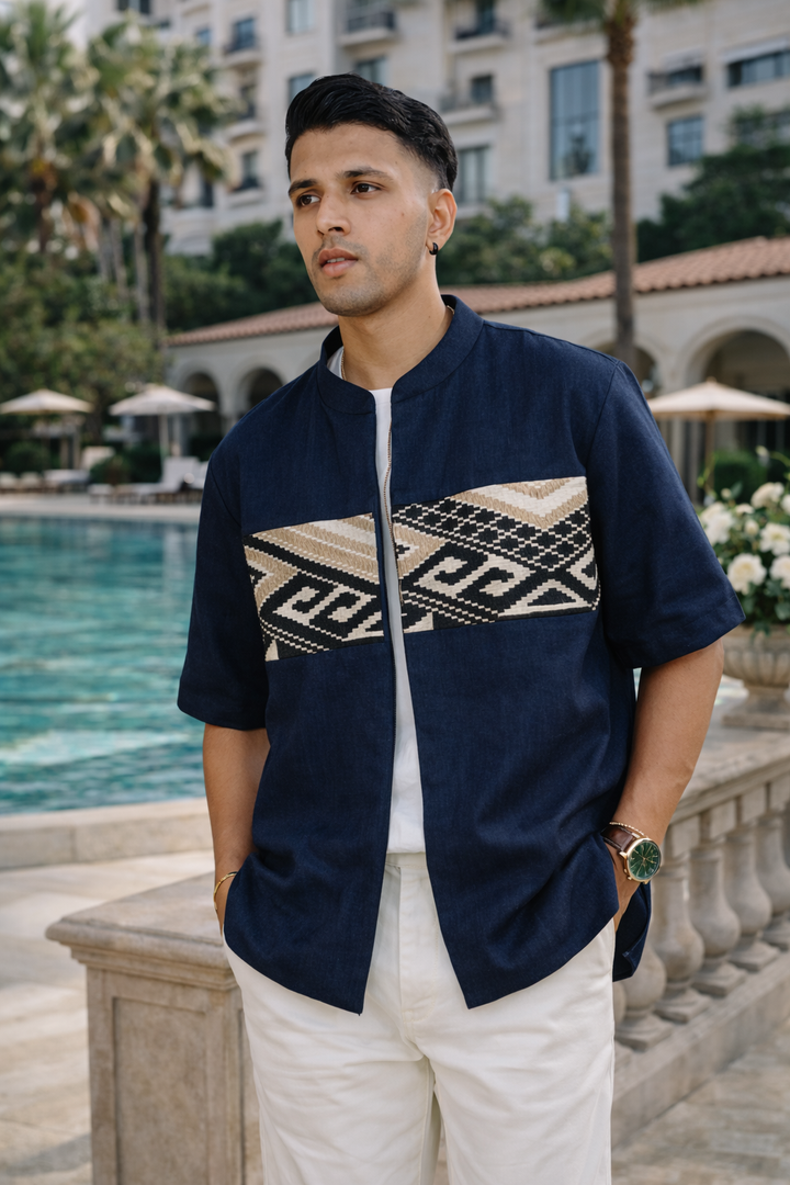 Handcrafted Indigo Jacquard Patchwork Shirt Jacket