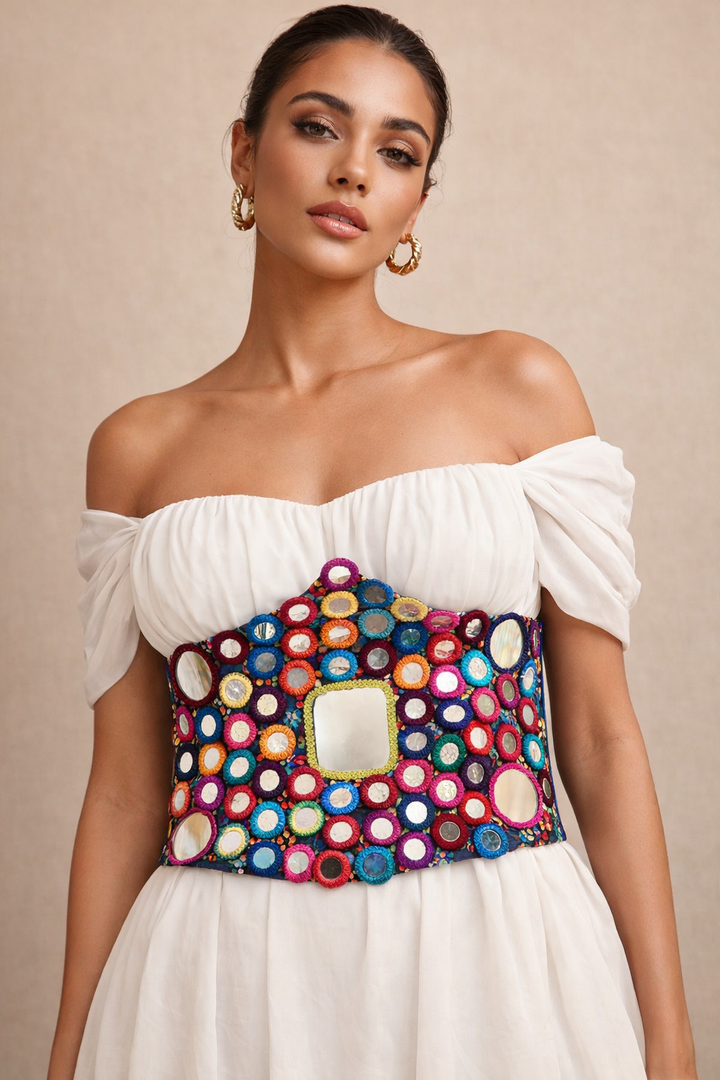 Mirror Embroidered Boho Corset Belt  Multicolour