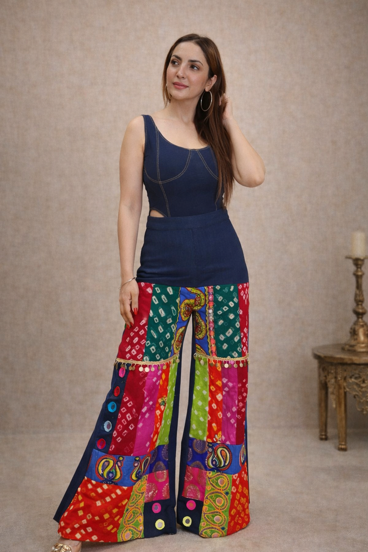 Denim Colour Splash Patchwork Pants  Multicolour Mirrorwork Flare