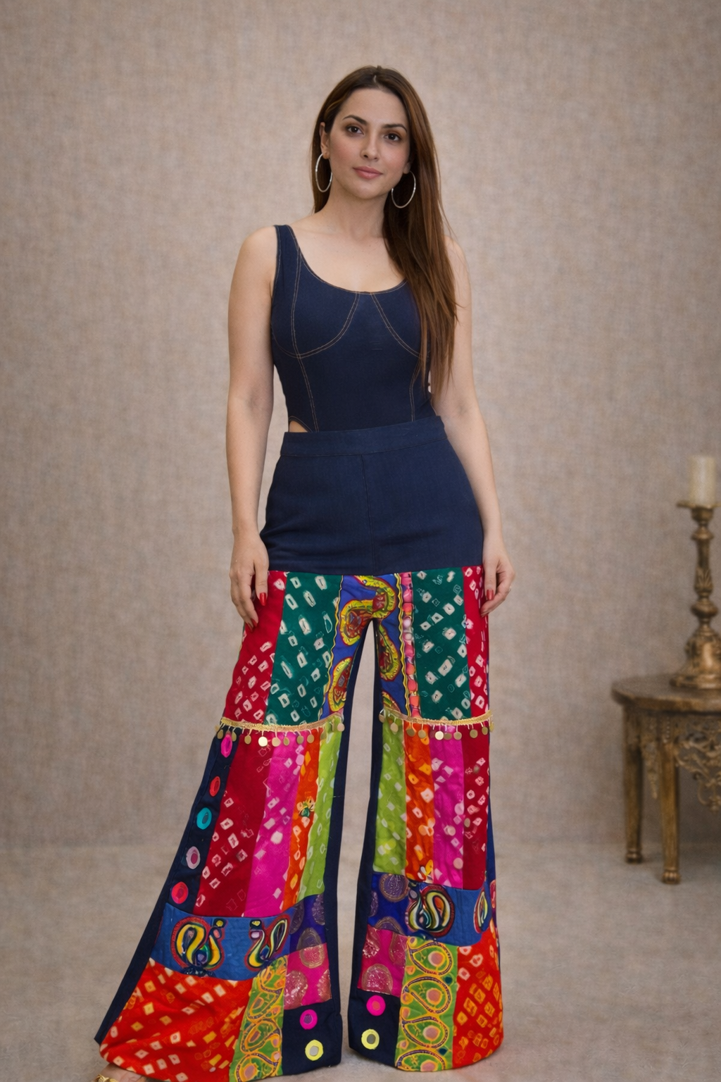 Denim Colour Splash Patchwork Pants  Multicolour Mirrorwork Flare