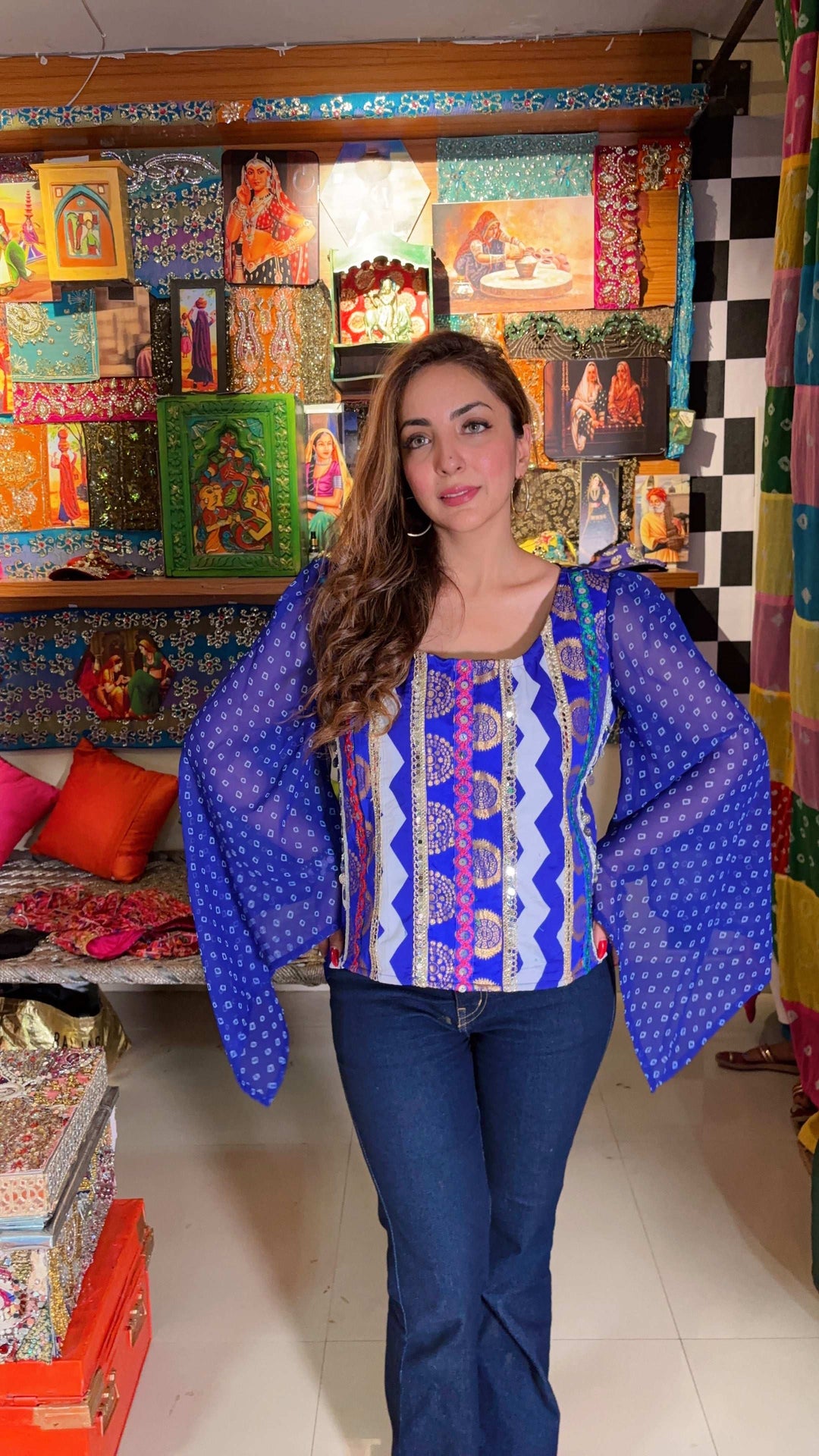Royal Blue Mirror Flare Sleeve Top