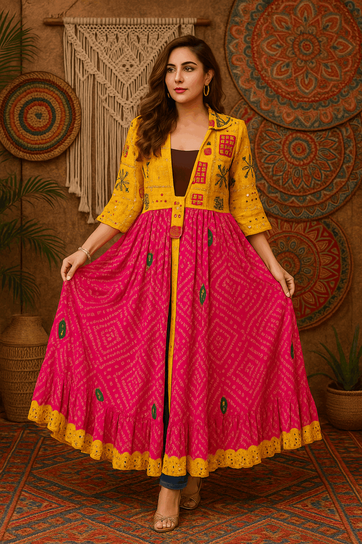 Phulkari ; Bandhani Flared Shrug – Multicolor Variants