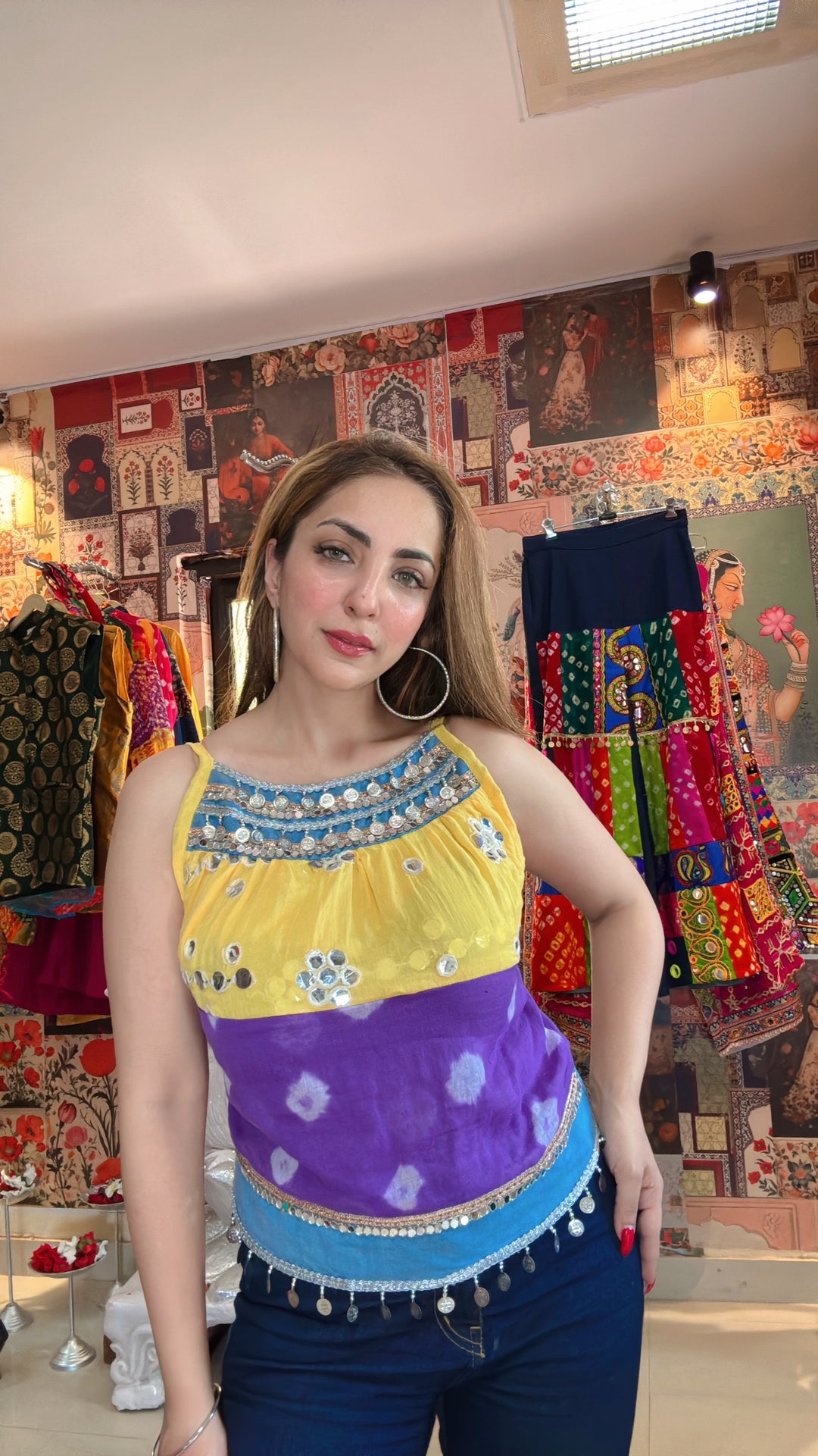 Yellow–Purple–Blue Mirrorwork Top