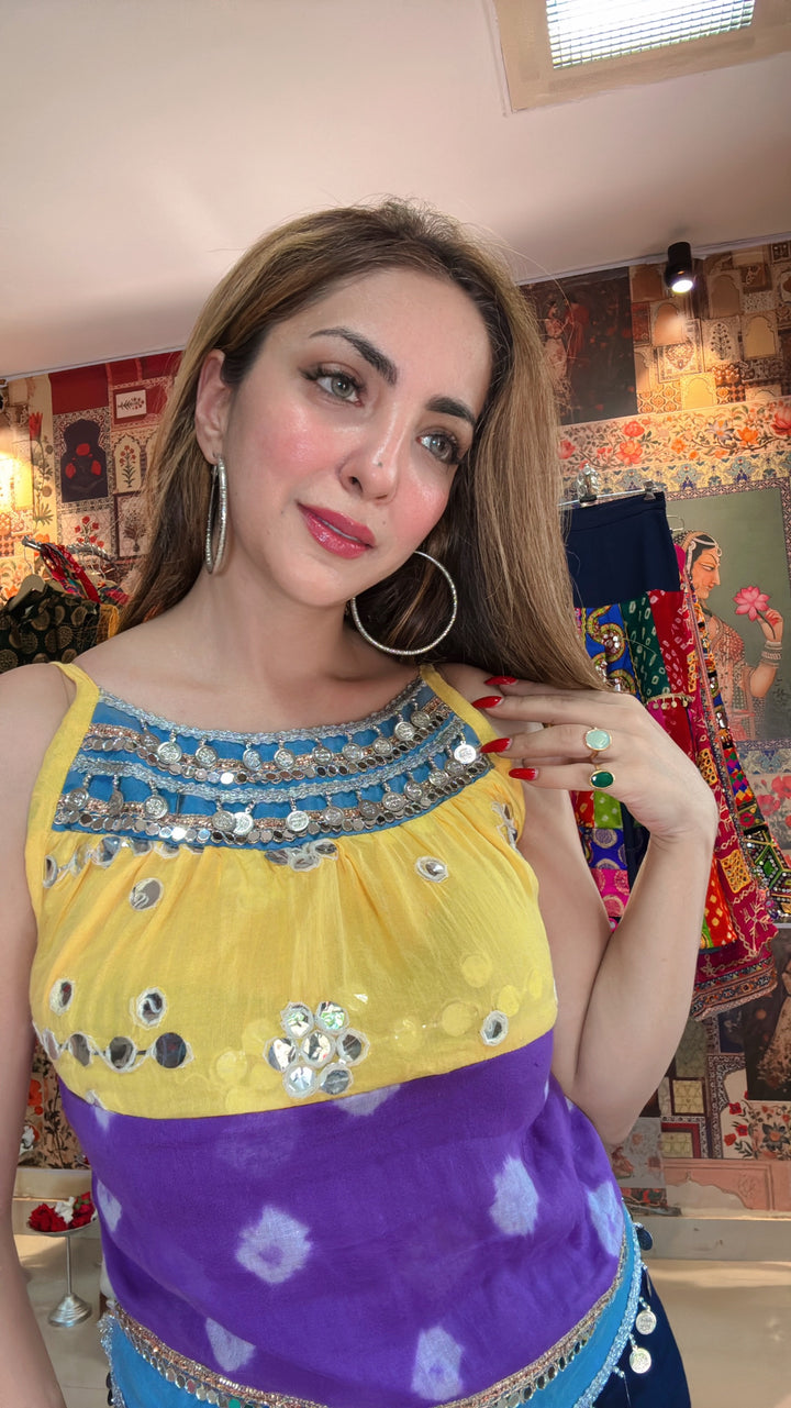 Yellow–Purple–Blue Mirrorwork Top