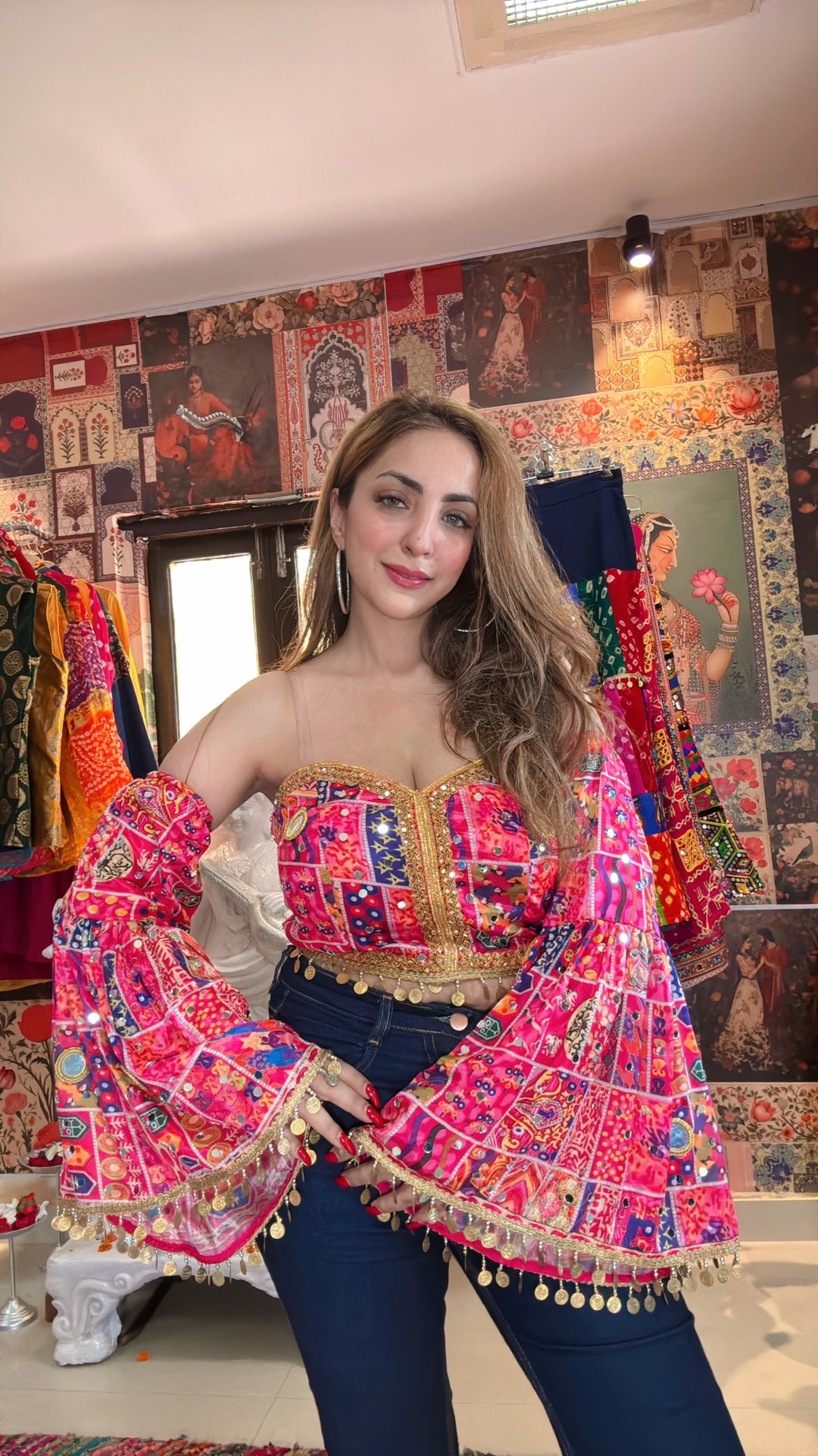 Boho Mirrorwork Bustier with Attached Flared Sleeves