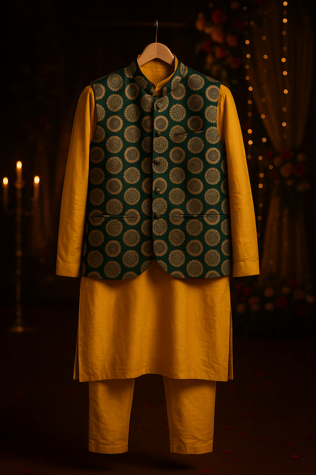 Bottle Green Brocade Nehru Jacket with Mustard Yellow Kurta Set for Men