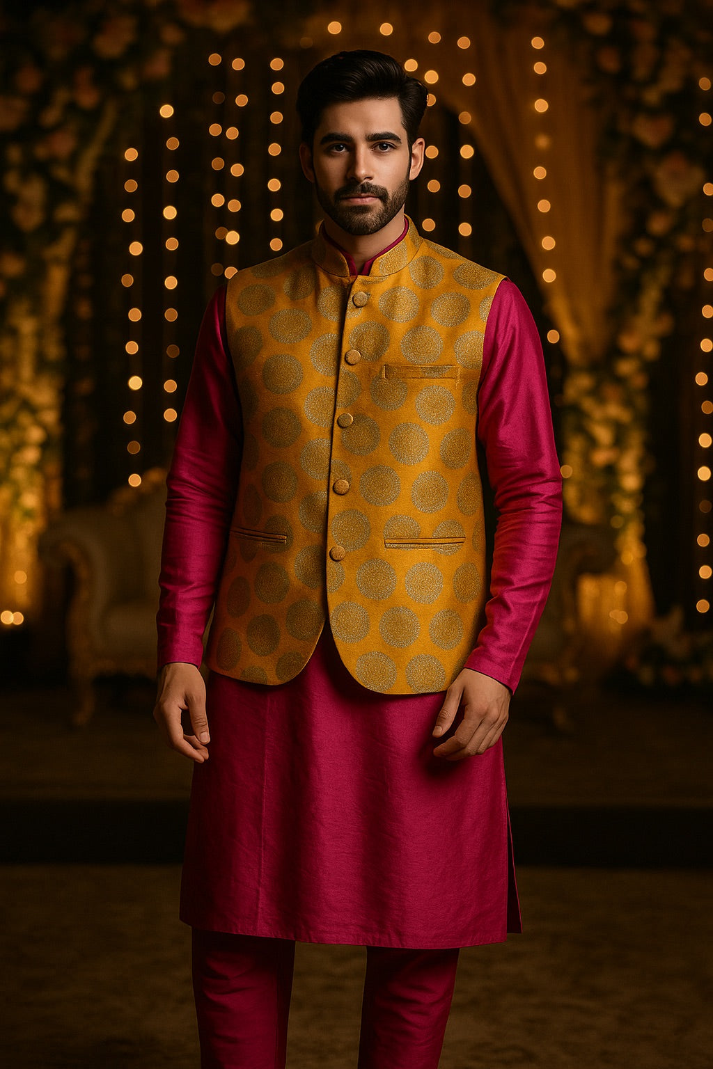 Brocade Nehru Jacket with Pink Kurta Set for Men