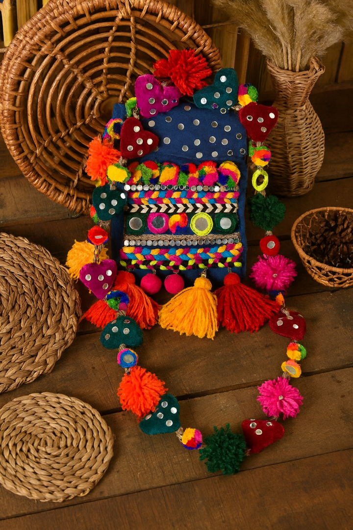 Embroidered Sling Bag with Pom-Pom Strap