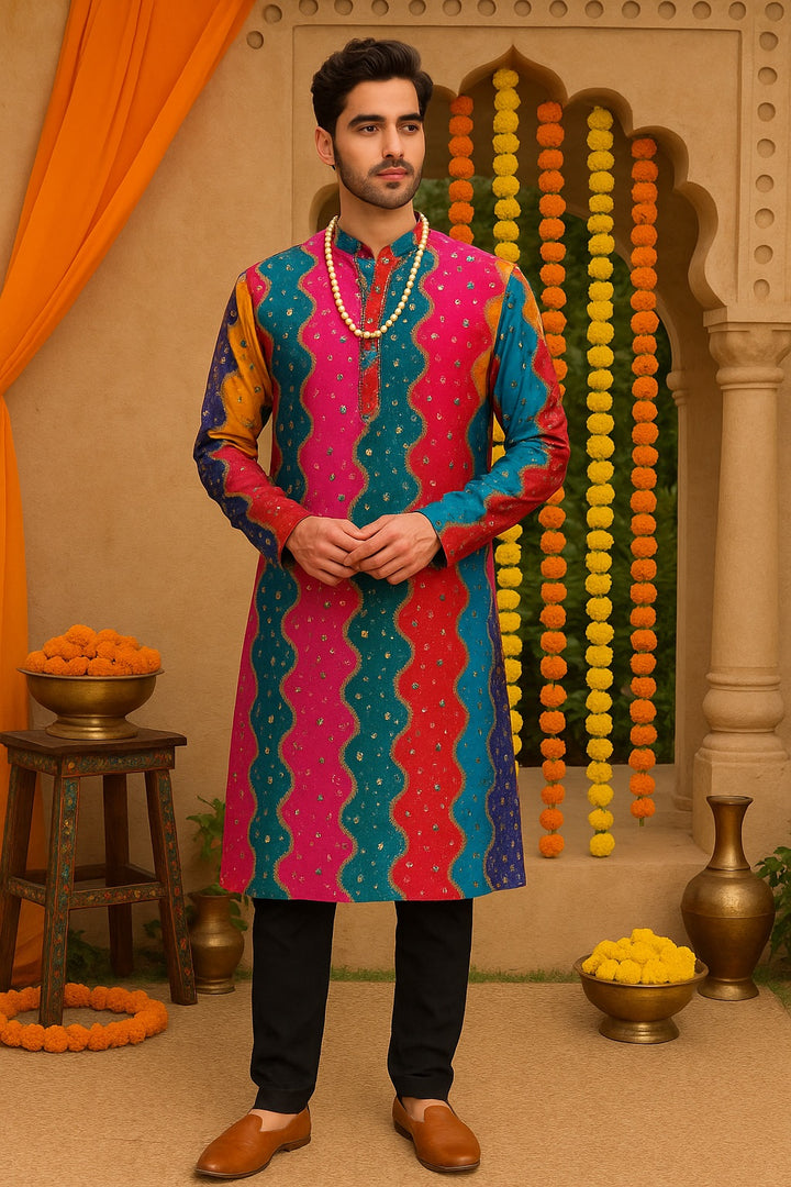 Multicolor Bandhani Print Kurta with Black Pajama for Men