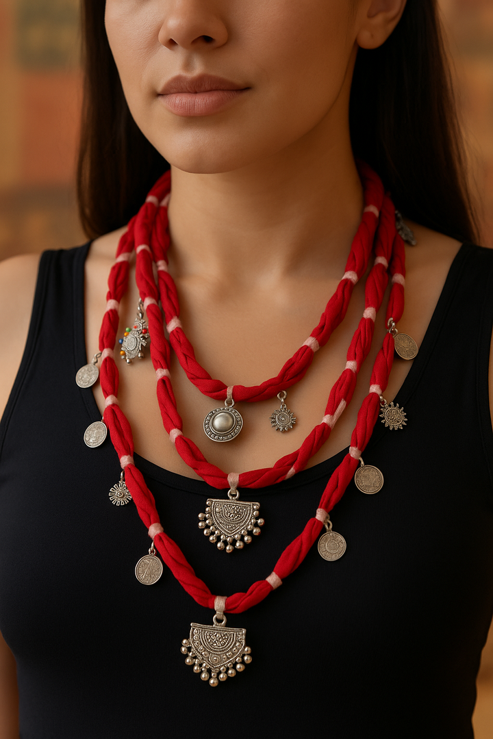 Tribal Tinkle Red Fabric Necklace