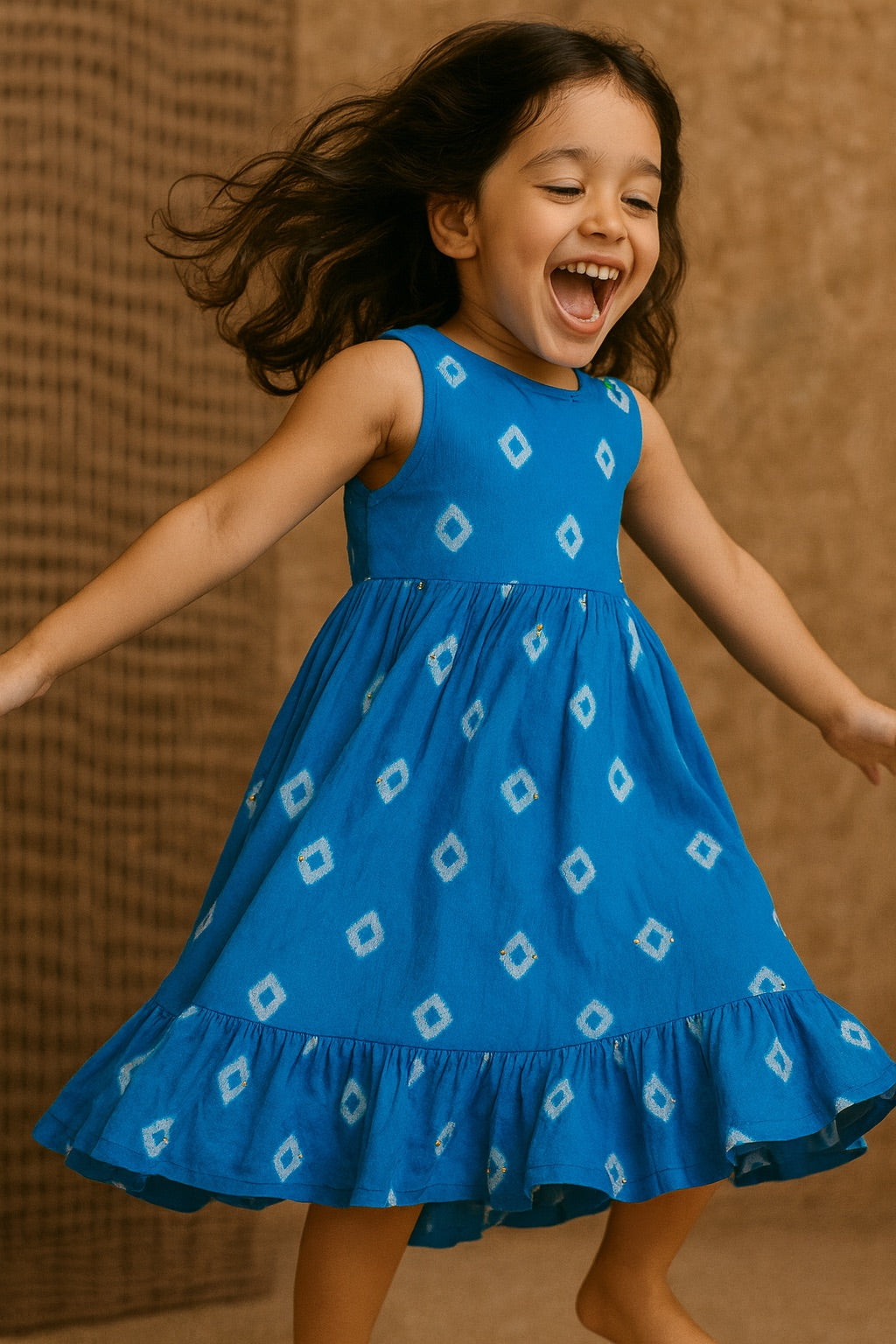 Blue Bandhani Sleeveless Flared Dress – Girls
