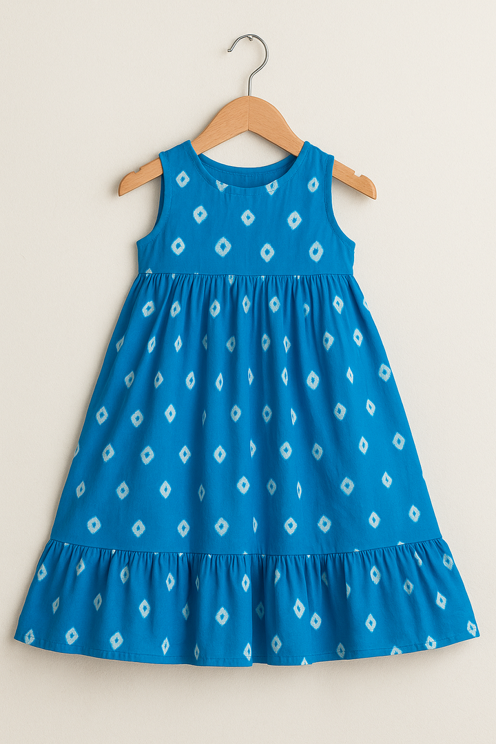 Blue Bandhani Sleeveless Flared Dress – Girls