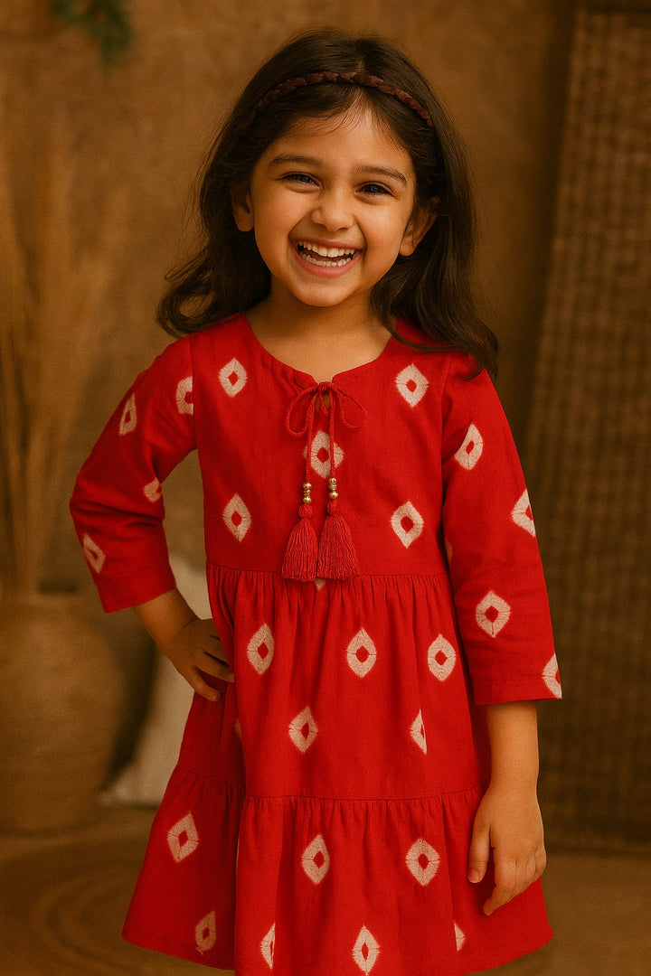 Red Bndhani Tassel Dress – Girls