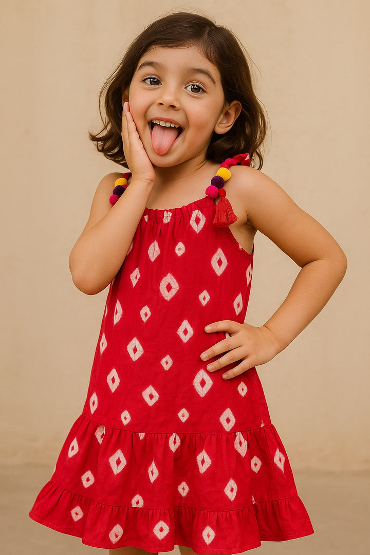 Red  Pom-Pom Shoulder Dress – Girls