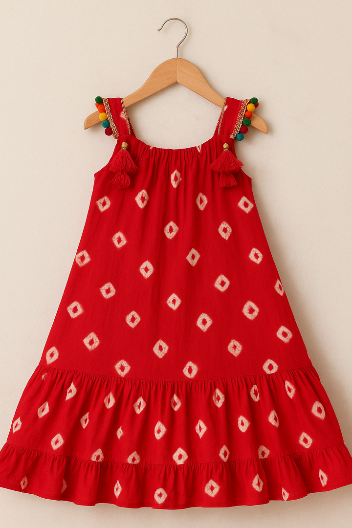 Red  Pom-Pom Shoulder Dress – Girls