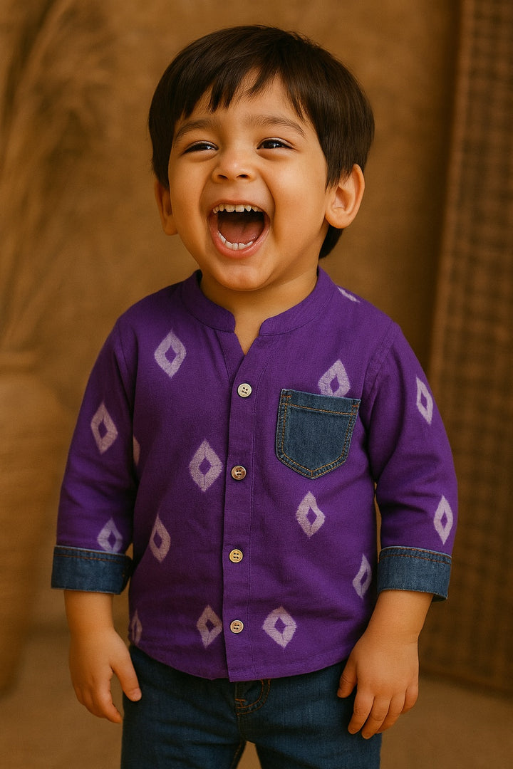 Purple Bandhani Print Shirt with Denim Pocket – Boys