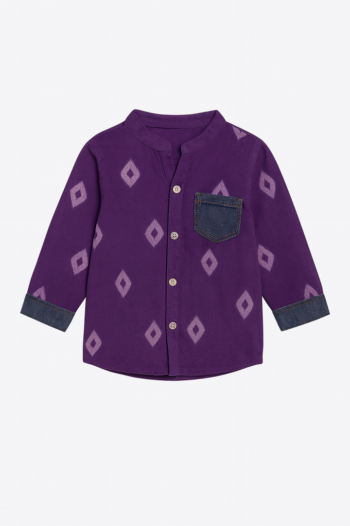 Purple Bandhani Print Shirt with Denim Pocket – Boys