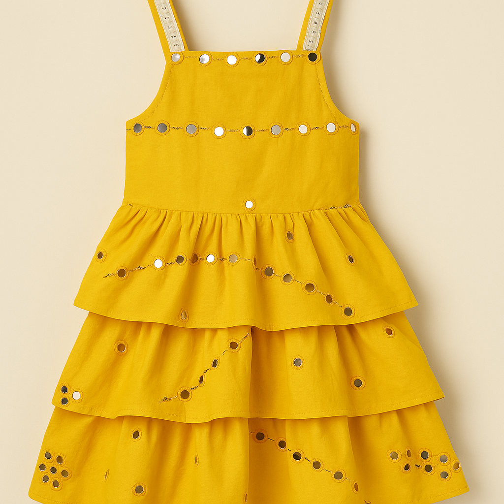 Yellow Mirrorwork Tiered Dress – Girls
