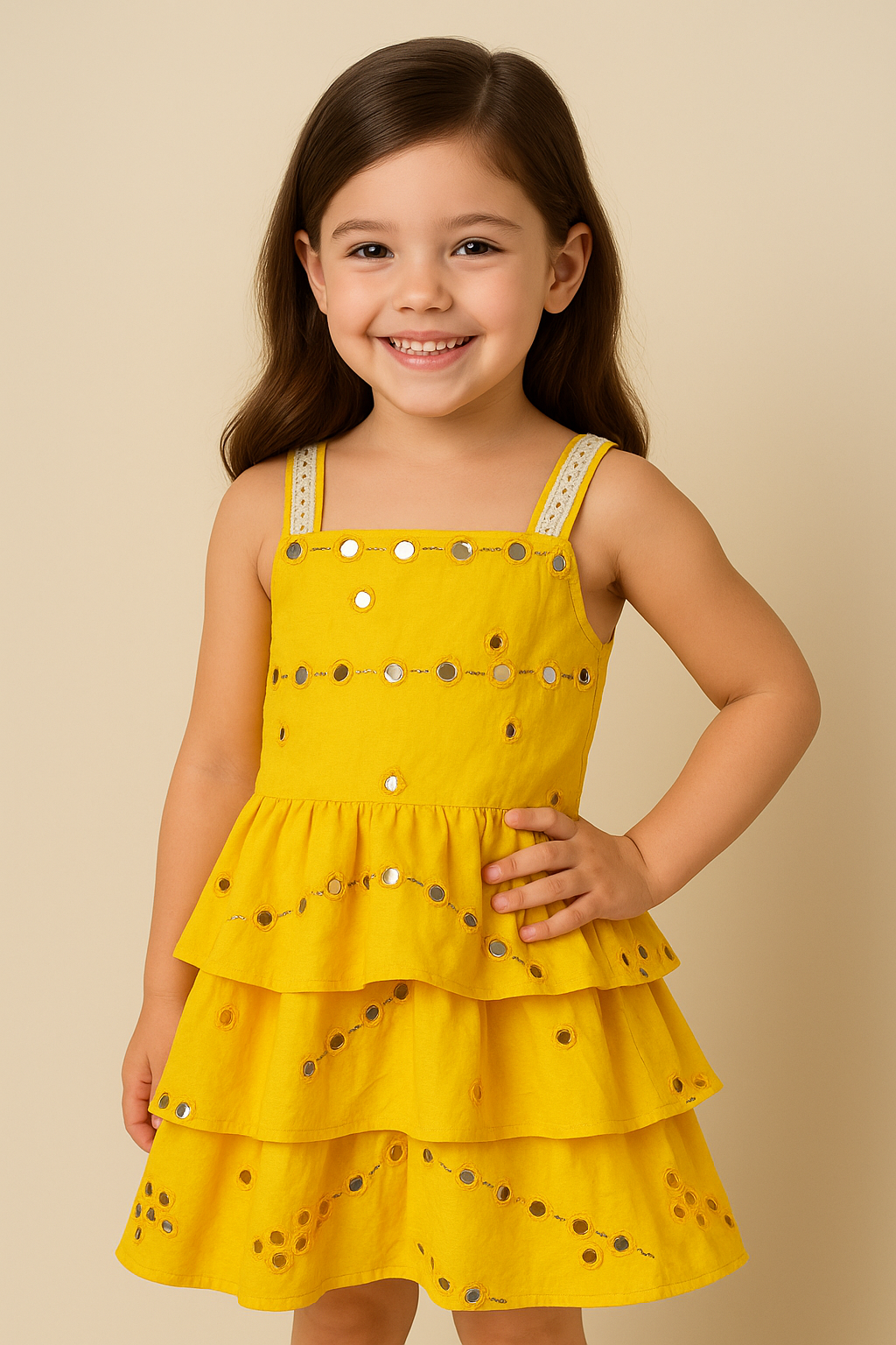 Yellow Mirrorwork Tiered Dress – Girls