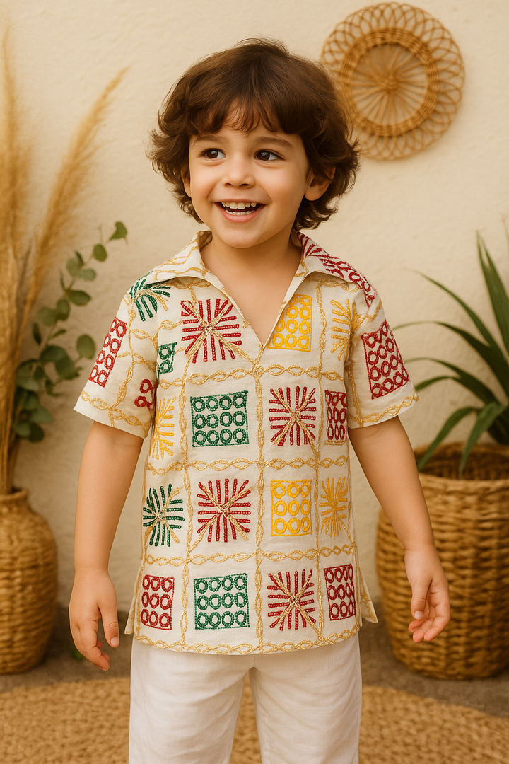 Cream Multicolor Embroidered Grid Shirt – Boys