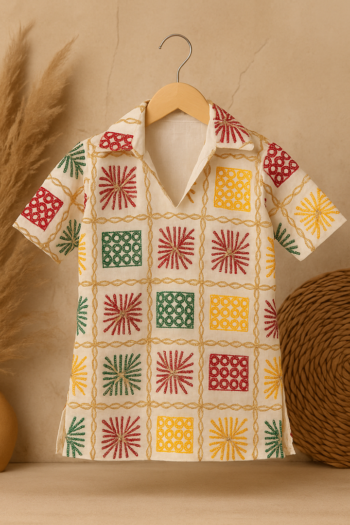 Cream Multicolor Embroidered Grid Shirt – Boys