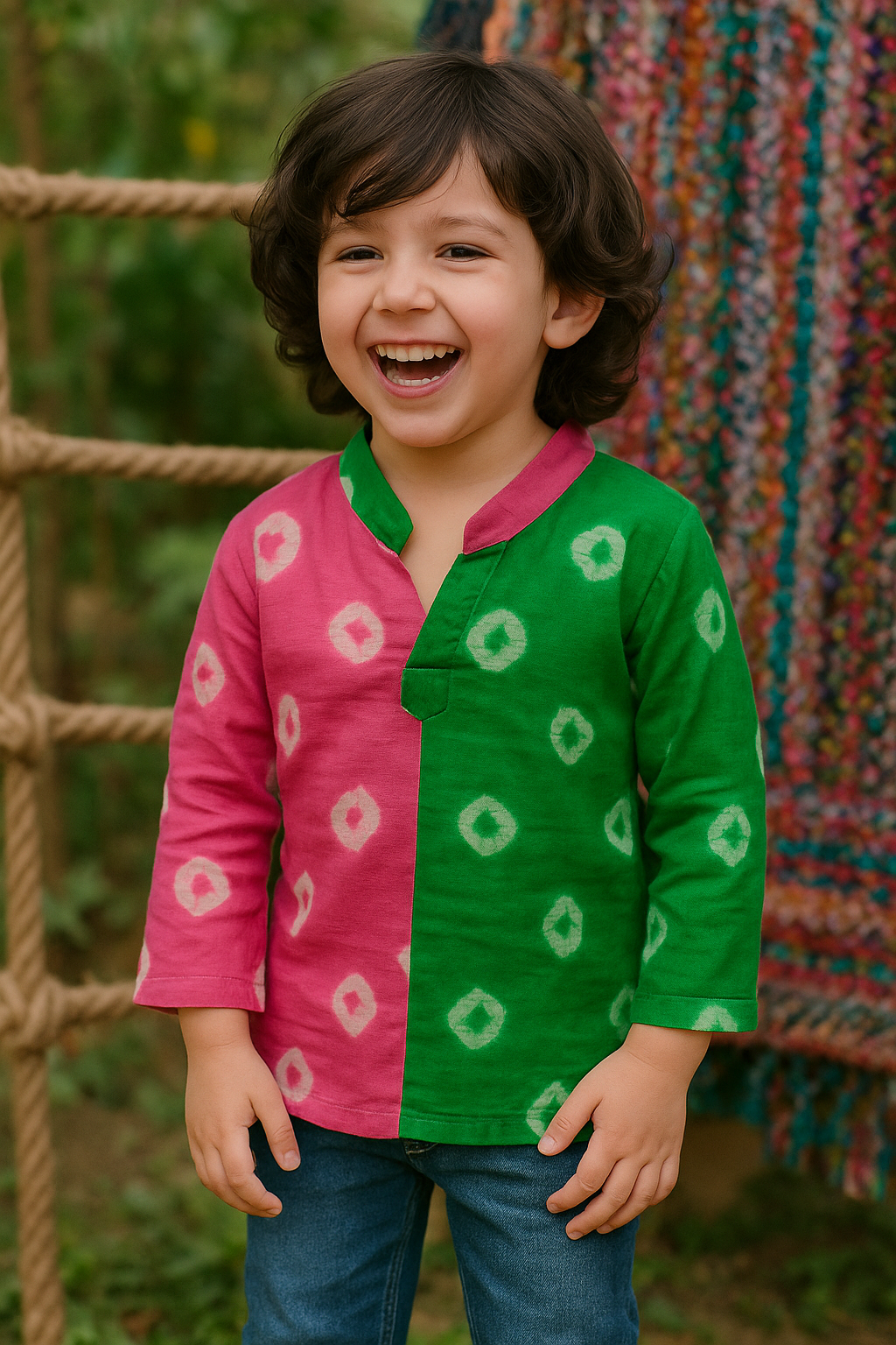Pink & Green Dual-Tone Bandhani Kurta – Boys