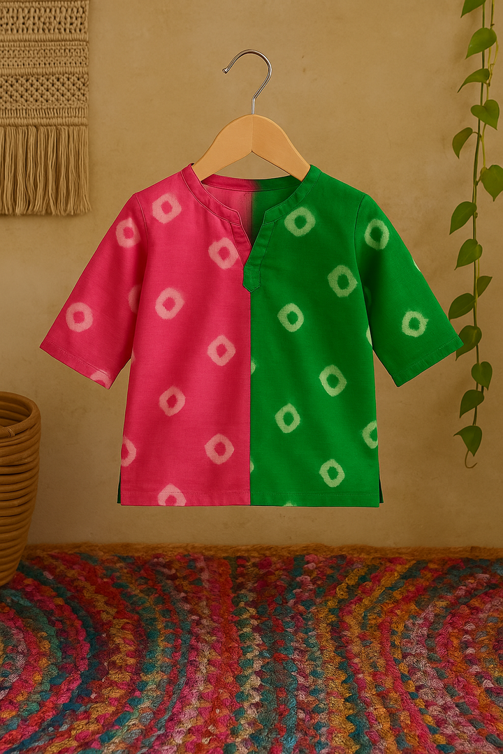 Pink & Green Dual-Tone Bandhani Kurta – Boys