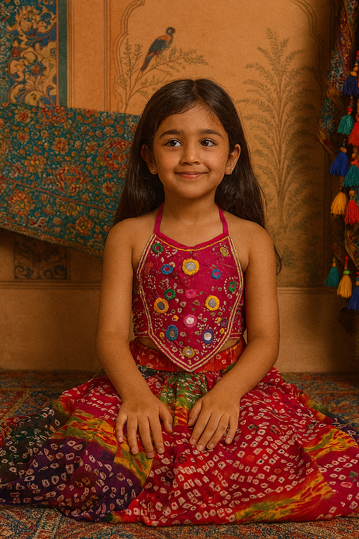 Girls’ Mirrorwork Halter Top & Bandhani Skirt Set