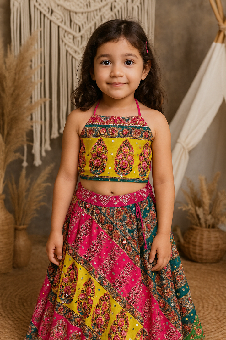 Little Sunshine Festive Set – Yellow Halter Top & Printed Lehenga