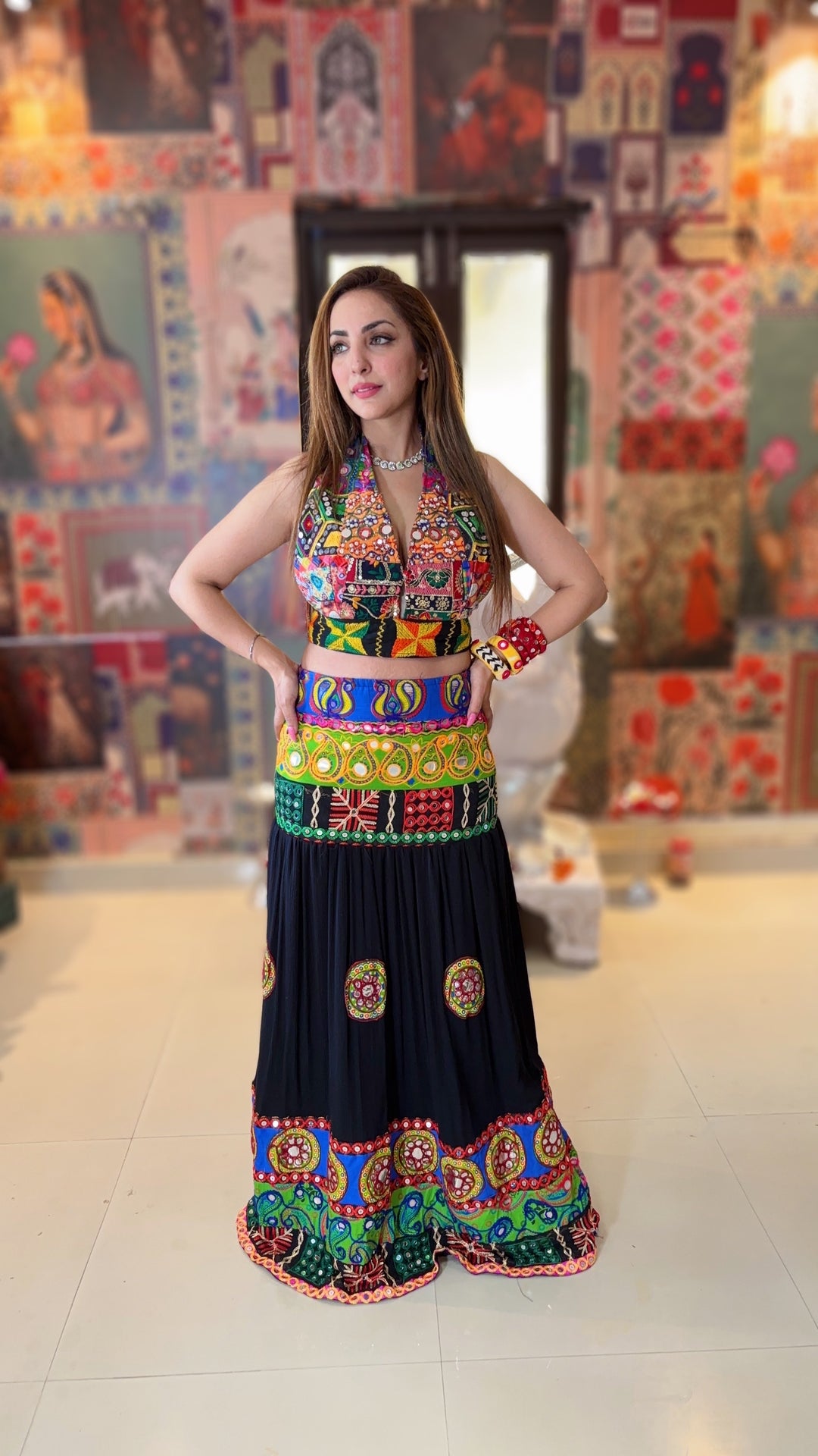 Black Banjara Mirror Work Lehenga Set – Halter Neck Blouse & Embroidered Skirt