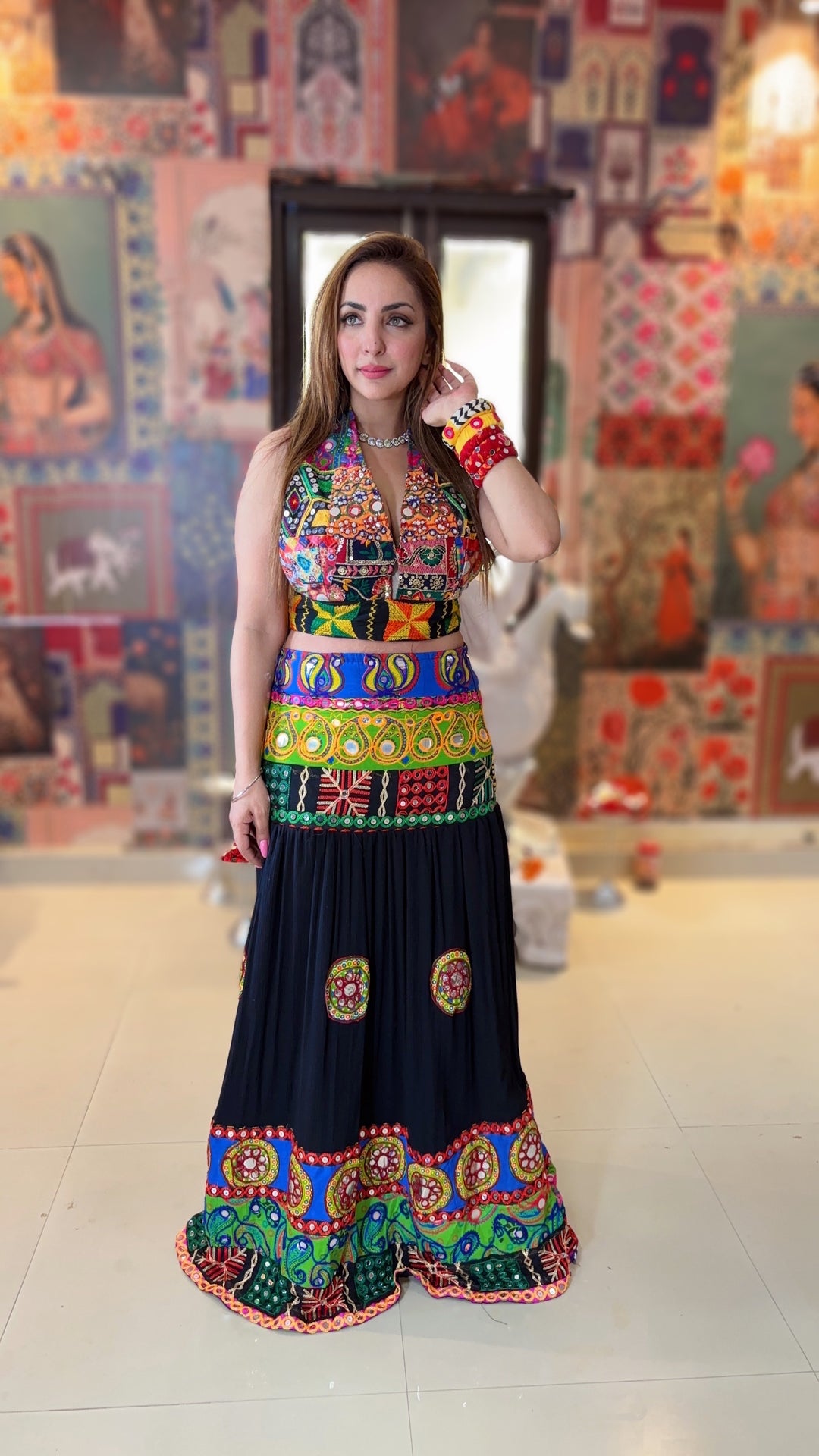 Black Banjara Mirror Work Lehenga Set – Halter Neck Blouse & Embroidered Skirt