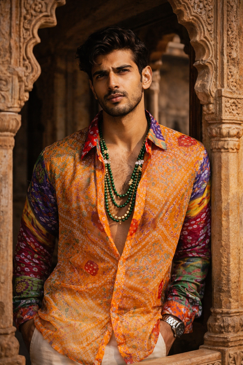 Men'S Bandhini Shirt Georgette - Yellow