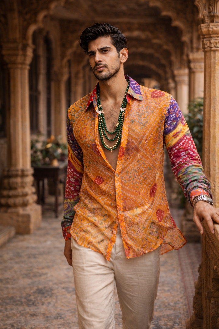 Men'S Bandhini Shirt Georgette - Yellow