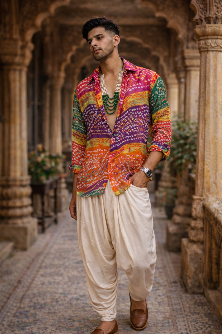 Rainbow Bandhani Printed Sheer Boho Shirt