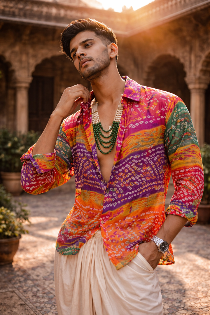 Rainbow Bandhani Printed Sheer Boho Shirt