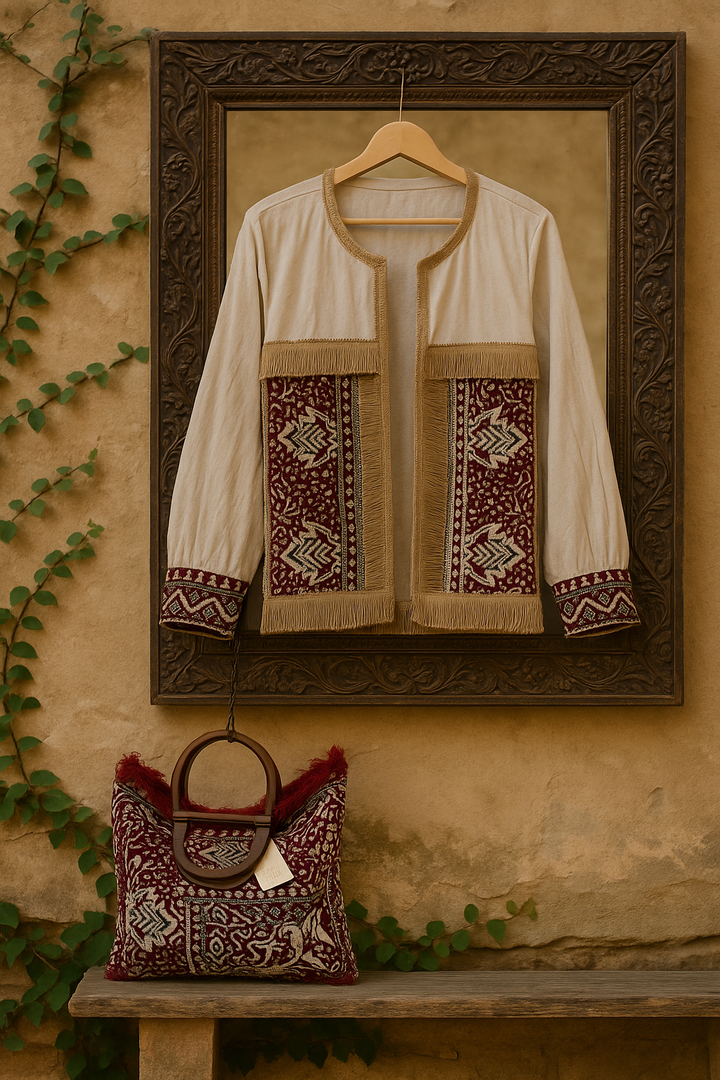 Boho Handcrafted Jacket & Tote Bag Set – Ivory & Maroon Tribal Embroidery