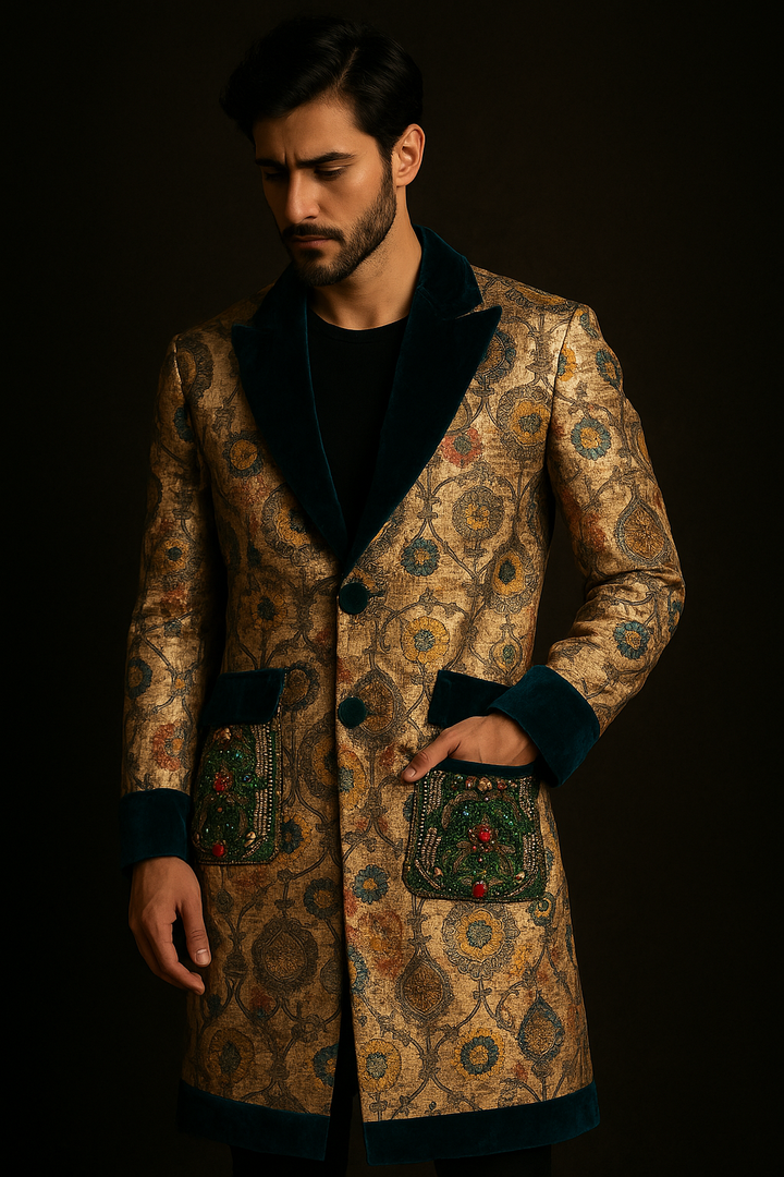 Silk Coat with Teal Velvet & Embellished Pockets